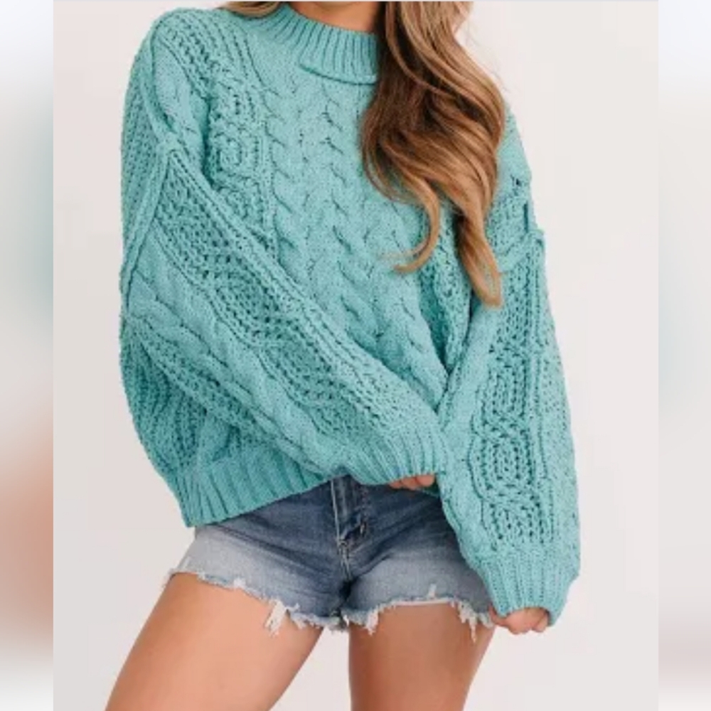 038 ⬇️ The Asterline 3 Cozy Cable Knit Sweater - Aqua Teal - Picture 5 of 5